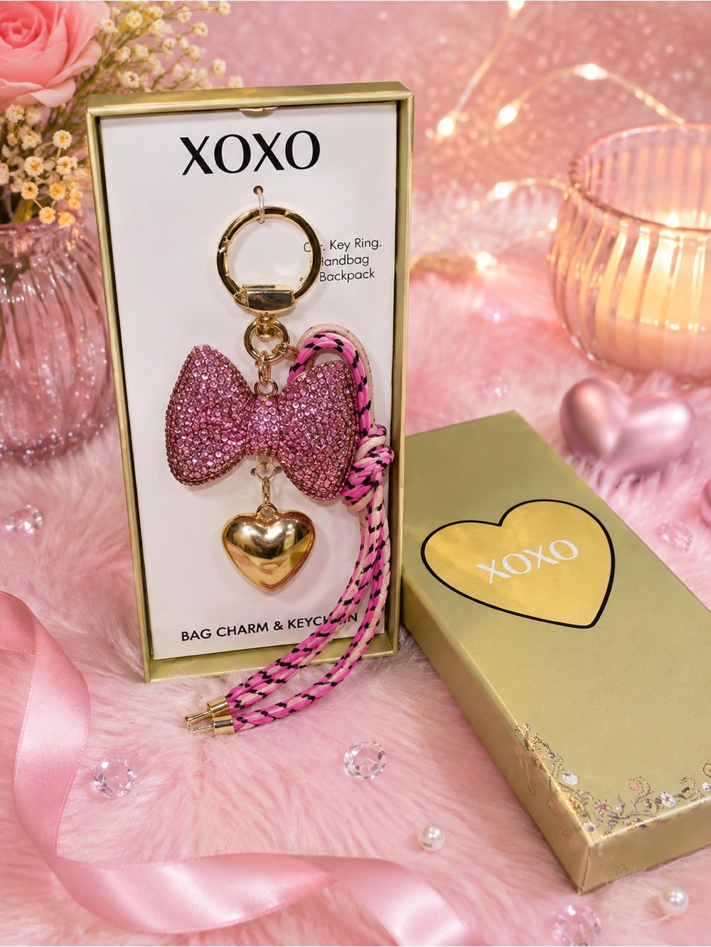 NIB XOXO Pink Rhinestone Bow Bag Charm & Keychain Gold Heart Gift Set